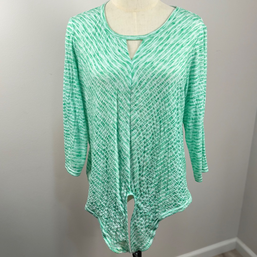 Ruby Rd PL Green White Space Dye Tie‎ Front Keyhole 3/4 Sleeve Top Spring Summer